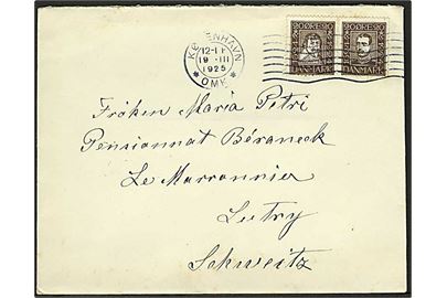 20 øre Chr. IV og 20 øre Chr. X Postjubilæum i sammentrykt parstykke på brev fra København d. 19.3.1925 til Lutry, Schweiz.