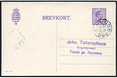 15 øre Chr. X helsagsbrevkort (fabr. 60-H) dateret d. 20.1.1921 annulleret med stjernestempel HUNDBORG til Tvede pr. Randers.