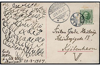 5 øre Fr. VIII på brevkort annulleret med stjernestempel LINDELSE og sidestemplet Rudkjøbing d. 20.8.1907 til København.