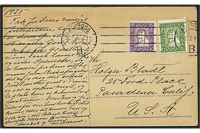 10 øre og 15 øre Chr. IV Postjubilæum på brevkort fra Aalborg B. d. 1.1.1925 til Pasadena, USA.