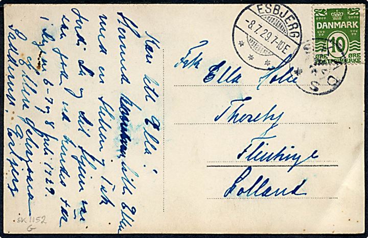 10 øre Bølgelinie på brevkort annulleret med stjernestempel SKADS og sidestemplet Esbjerg d. 8.7.1929 til Flintinge.