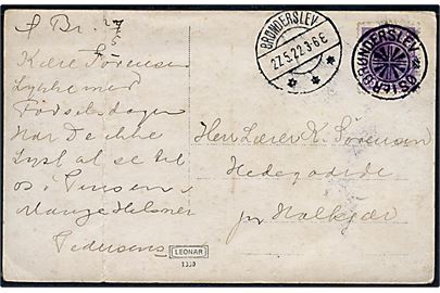 15 øre Chr. X på brevkort annulleret med stjernestempel ØSTER BRØNDERSLEV og sidestemplet Brønderslev d. 27.5.1922 til Halkjær. Fold.