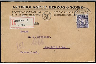 35 öre Gustaf single på anbefalet brev fra Stockholm d. x.12.1919 til Buchholz, Tyskland.