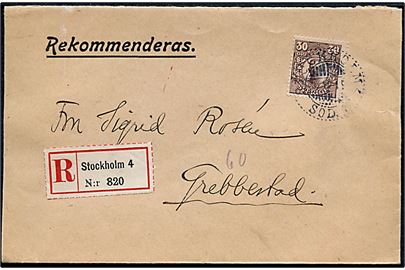 30 öre Gustaf single på anbefalet brev fra Stockholm d. 3.12.1919 til Grebbested.