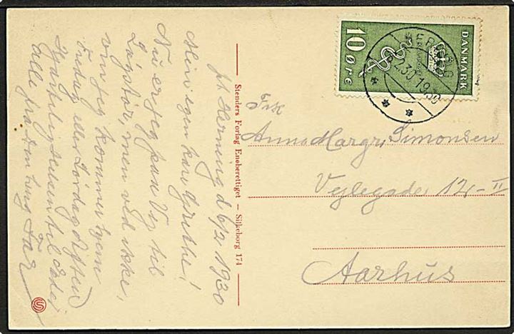 10+5 øre Kræftmærke på brevkort (Dampbåden Hejren ved Silkeborg) stemplet herning d. 6.2.1930 til Aarhus.