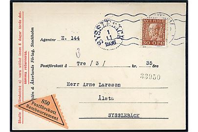 30 öre Gustaf med perfin Å&Å på brevkort fra firma Åhlén & Åkerlunds Forlag sendt med postopkrævning fra Stockholm 1938 til Sysslebäck.