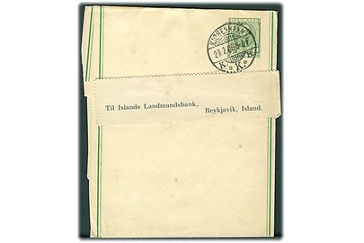 5 øre Fr. VIII helsagskorsbånd sendt som tryksag fra Kjøbenhavn d. 29.2.1908 (Skuddag) til Reykjavik, Island.