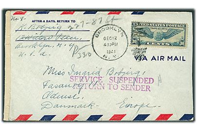 30 cents Winged Globe på luftpostbrev fra Brooklyn d. 12.12.1941 til Odense, Danmark. Åbnet af US censor no. 5024 med stort stempel Service Suspended Return to Sender ved Morgan Annex, New York.