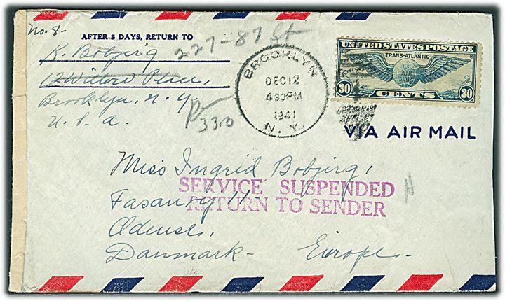 30 cents Winged Globe på luftpostbrev fra Brooklyn d. 12.12.1941 til Odense, Danmark. Åbnet af US censor no. 5024 med stort stempel Service Suspended Return to Sender ved Morgan Annex, New York.