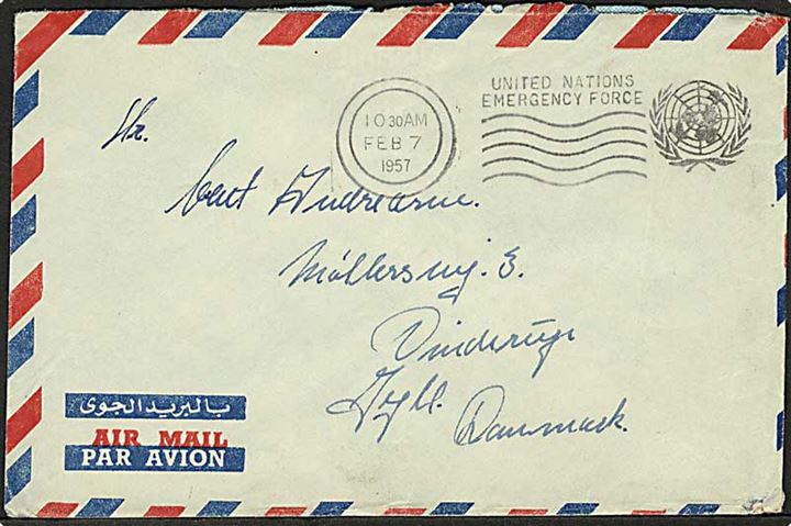 Ufrankeret free mail stemplet United Nations Emergency Force d. 7.2.1957 til Vinderup, Danmark. Fra dansk FN-soldat ved UNEF i Gaza.