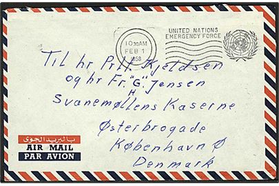 Ufrankeret free mail brev stemplet United Nations Emergency Force d. 1.2.1958 til København, Danmark. Fra dansk FN-soldat ved Stkmp Danor Bn UNEF i Gaza.