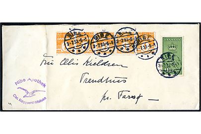 1 øre Bølgelinie (5) og 10+5 øre Kræftmærke på brev fra Nibe d. 3.7.1933 til Farsø.