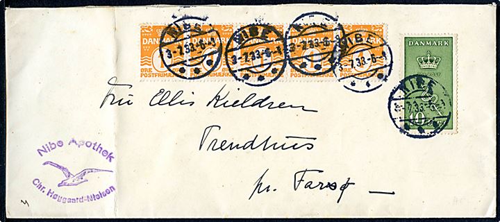1 øre Bølgelinie (5) og 10+5 øre Kræftmærke på brev fra Nibe d. 3.7.1933 til Farsø.