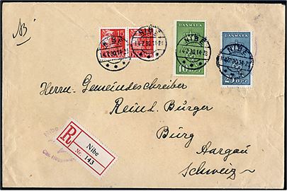 15 øre Karavel (par), 10+5 øre og 25+5 øre Kræftmærke på anbefalet brev fra Nibe d. 14.7.1930 til Burg, Schweiz.