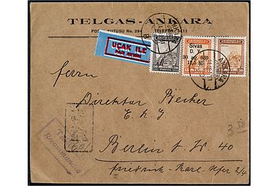 20 k., 30 k. Landskaber og 12½/15 k. Åbning af Ankara-Sivas Jernbane provisorium på anbefalet luftpostbrev fra Ankara d. 11.10.1931 til Berlin, Tyskland.