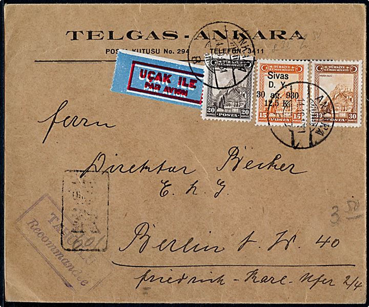 20 k., 30 k. Landskaber og 12½/15 k. Åbning af Ankara-Sivas Jernbane provisorium på anbefalet luftpostbrev fra Ankara d. 11.10.1931 til Berlin, Tyskland.