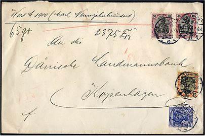 20 pfg., 25 pfg., 40 pfg. og 50 pfg. Germania på værdibrev fra Hamburg d. 5.11.1914 til København, Danmark. 