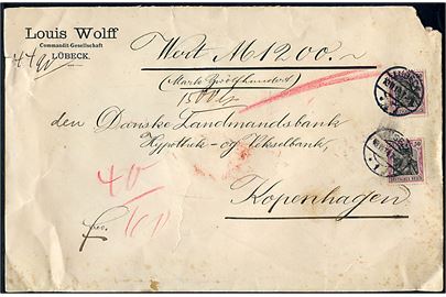 50 pfg. Germania (2) på værdibrev fra Lübeck d. 13.11.1914 til København, Danmark. På bagsiden signet-stempel fra Lübeck postkontor. 