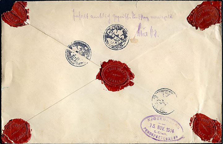 50 pfg. Germania (2) på værdibrev fra Lübeck d. 13.11.1914 til København, Danmark. På bagsiden signet-stempel fra Lübeck postkontor. 