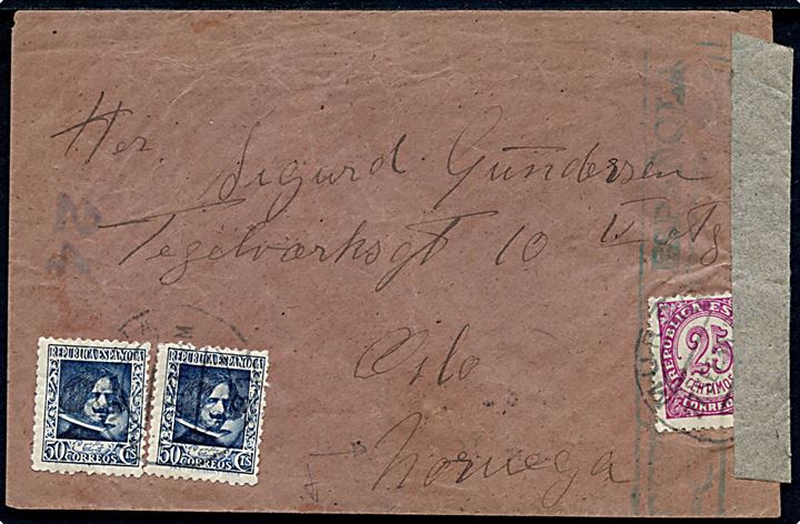 25 cts., 50 cts. (2) på brev fra Murcia d. 27.9.1938 til Oslo, Norge. Åbnet af lokal spansk censur.