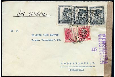 30 cts., 45 cts. og 1 pta. (3) på luftpostbrev fra Madrid d. 25.8.1938 til København, Danmark. Åbnet af lokal spansk censur.