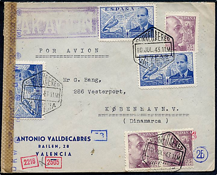 25 cts. Franco (3) og 1 pta. Luftpost (3) på luftpostbrev fra Valencia d. 10.7.1943 via Barcelona til København, Danmark. Spansk censur fra Valencia og åbnet af tysk censur