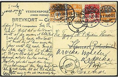1 øre (3) og 2 øre Bølgelinie på brevkort fra Nyborg d. 4.7.1906 til poste restante i Hamar, Norge - eftersendt til Arvika, Sverige.