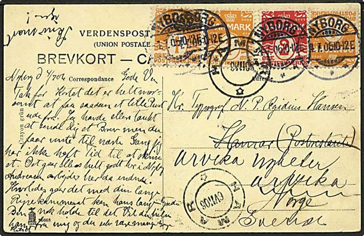 1 øre (3) og 2 øre Bølgelinie på brevkort fra Nyborg d. 4.7.1906 til poste restante i Hamar, Norge - eftersendt til Arvika, Sverige.