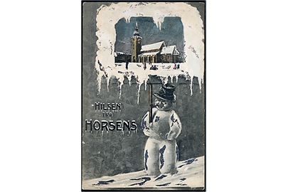 Horsens, “Hilsen fra” med snemand og Vor Frelser kirke. A. Vincent u/no.