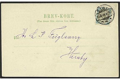 3 øre Tofarvet på lokalt brevkort stemplet Eiby d. 15.3.1902 til Husby. Adviskort fra Statsbanedriften.