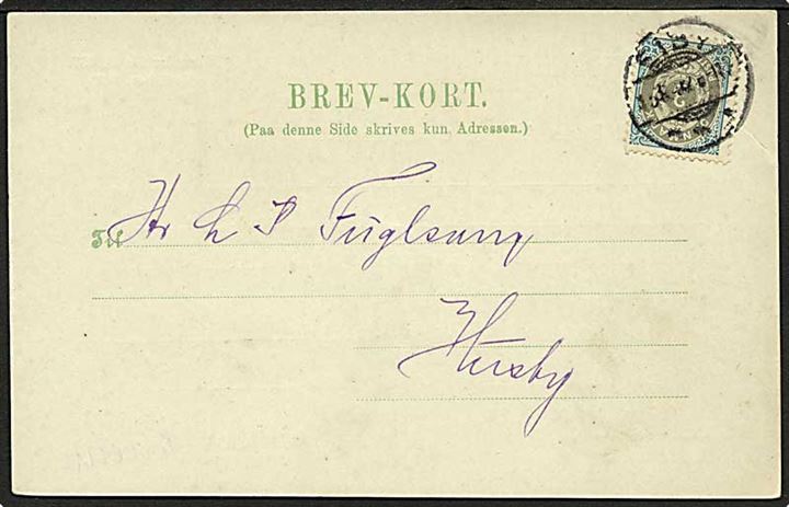 3 øre Tofarvet på lokalt brevkort stemplet Eiby d. 15.3.1902 til Husby. Adviskort fra Statsbanedriften.
