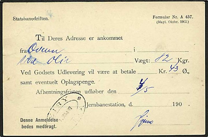 3 øre Tofarvet på lokalt brevkort fra Eiby d. 2.5.1903 til Husby. Adviskort fra Statsbanedriften. På bagsiden ovalt jernbanestempel EIBY * D.S.B. * d. 1.5.1903.