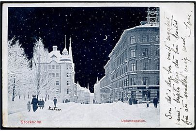 Stockholm. Uplandsgatan i vinterdragt ved nattetid. Ferdinand Heyl u/no. 