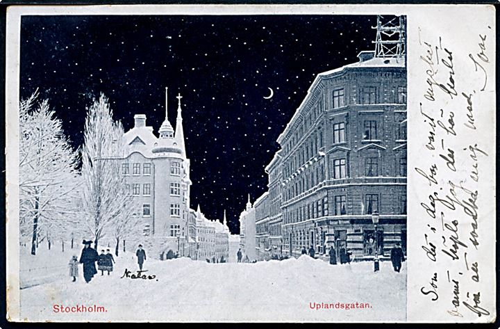Stockholm. Uplandsgatan i vinterdragt ved nattetid. Ferdinand Heyl u/no. 
