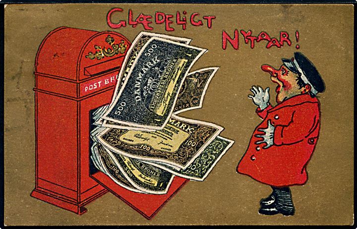 Nytårskort med postbud og postkassen der vælter ud med pengesedler. Uden sig. A. Vincent no. 330/4.