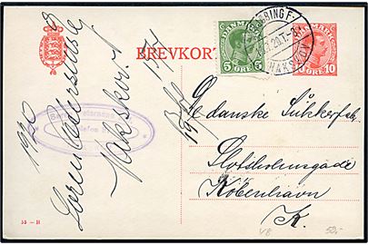 10 øre Chr. X helsagsbrevkort (fabr. 55-H) opfrankeret med 5 øre Chr. X (defekt) fra Nakskov annulleret med bureaustempel Nykjøbing F - Nakskov T.8 d. 15.7.1920 til København.