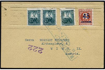 10 cts. (3) og 45/2 cts. Provisorium på brevkort fra Barcelona d. 6.7.1938 til Wien, Østrig. Lokal spansk censur.
