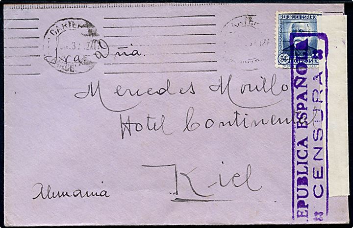 50 cts. single på brev fra Barcelona d. ?.1.1937 til Kiel, Tyskland. Åbnet af lokal spansk censur.
