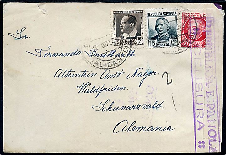 5 cts., 15 cts. og 30 cts. på brev fra Alicante d. 13.10.1936 til Waldfriden, Schwartzwald, Tyskland. Åbnet af lokal spansk censur.