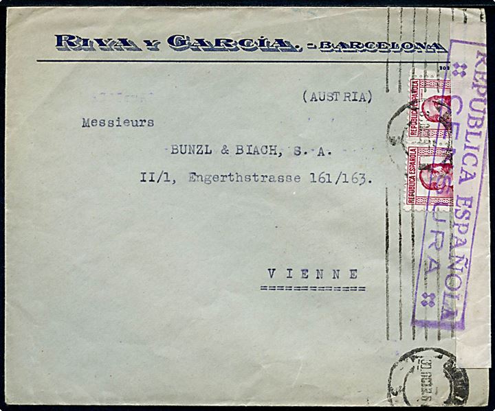 25 cts. (par) på brev fra Barcelona d. 30.10.1936 til Wien, Østrig. Åbnet af lokal spansk censur