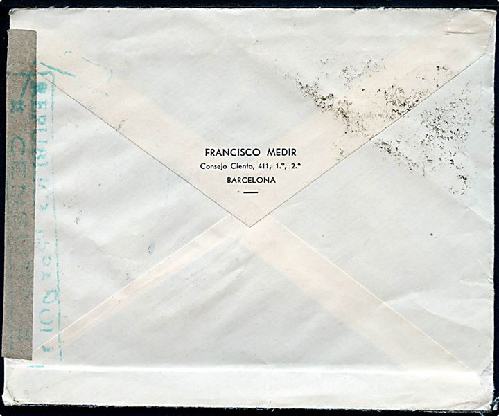 25 cts. (5) på brev fra Barcelona annulleret med svagt stempel til Feuerthalen Schweiz. Åbnet af lokal spansk censur.