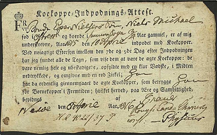 1816. Fortrykt Fr. VI Koekoppe-Indpodnings-Attest udfyldt på Bornholm i Nexöe d. 8.4.1816. 