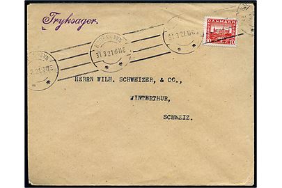10 øre Genforening med perfin POL (Politikens Hus) på tryksag fra København d. 31.3.1921 til Winterthur, Schweiz.