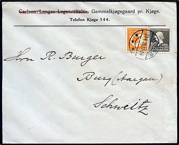 10 øre og 20 øre H. C. Andersen på brev fra Køge d. 23.4.1936 til Burg, Schweiz.