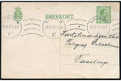 5 øre Chr. X helsagsbrevkort fra Overkommandoens Hovedmagasin i Kjøbenhavn d. 29.11.1917 til Karlslunde Afsnittets Telegraf Detachement, Taastrup. 