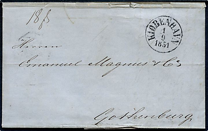 1851. Portobrev med fuldt indhold og antiqua stempel Kiøbenhavn d. 1.9.1851 via Helsingør d, 3.9.1851 til Göteborg, Sverige. Påskrevet 18 sk.