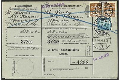10 øre Bølgelinie i parstykke og 25 øre Karavel på retur Indkasserings-Indbetalingskort fra Assens d. 3.8.1933 til København.