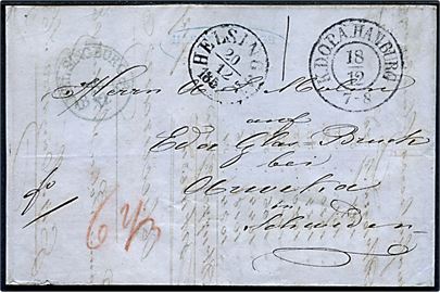 1852. Francobrev med fuldt indhold fra Hamburg med antiqua K.D.O.P.A. Hamburg d. 18.12.1852 via Helsingør og Helsingborg til A.L.Molin, Eda Glasbruk pr. Arvika, Sverige. Påskrevet 6 2/3 med rødkridt.