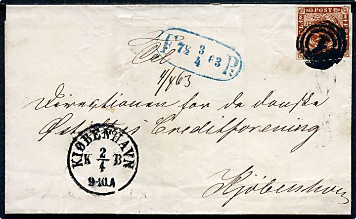 4 sk. 1858 udg. på brev annulleret med nr.stempel 1 og sidestemplet Kiøbenhavn KB d. 2.4.1863 befordret med fodpost og stemplet F:P: d. 3.4.1863 til Kjøbenhavn.