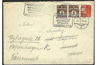 5 øre Bølgelinie i parstykke og 15 øre Karavel på brev fra Terndrup d. 14.2.1929 til Mariazell, Østrig - eftersendt til København, Danmark.